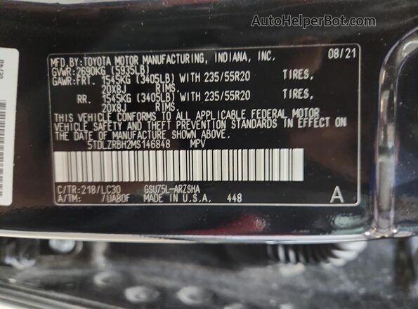 5TDLZRBH2MS146848 2021 TOYOTA HIGHLANDER Black VIN კოდის სტიკერის ხედი