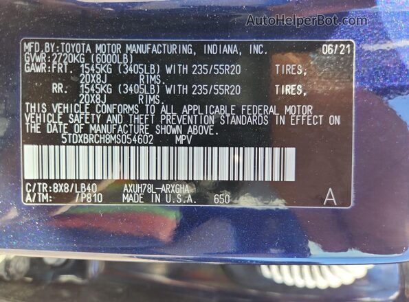 5TDXBRCH8MS054602 2021 TOYOTA LIMITED Blue 