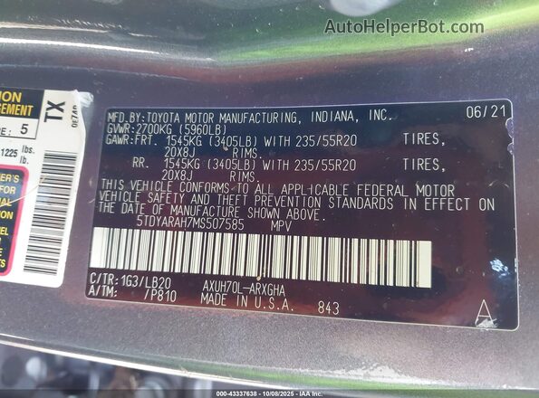 5TDYARAH7MS507585 2021 TOYOTA LIMITED Gray Engine compartment view