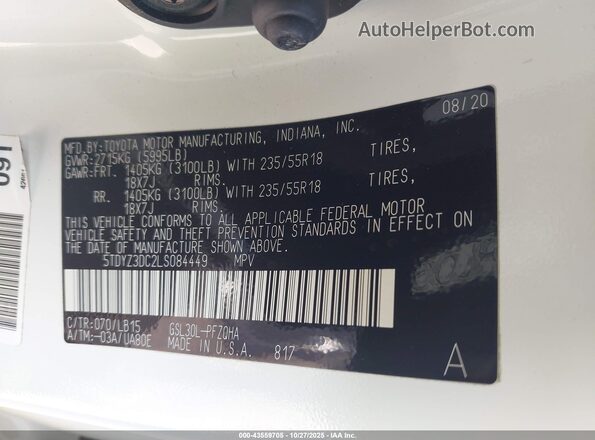 5TDYZ3DC2LS084449 2020 TOYOTA LIMITED Silver Շարժիչի բաժամունքի տեսք
