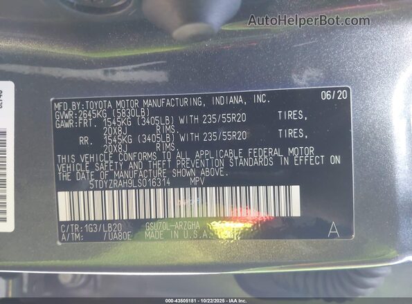 5TDYZRAH9LS016314 2020 TOYOTA LIMITED Gray Vista del compartimento del motor