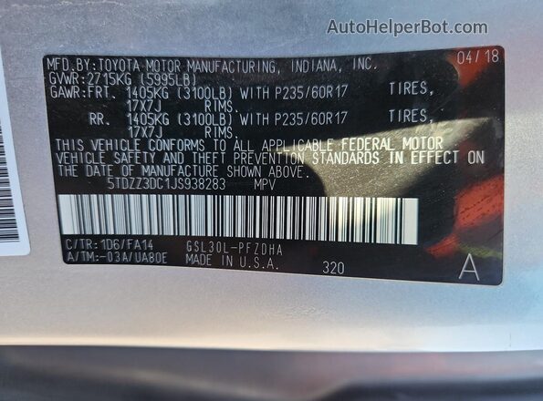 5TDZZ3DC1JS938283 2018 TOYOTA SIENNA Серебряный 