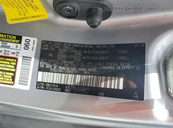 5TDZZ3DC7JS949711 2018 TOYOTA SIENNA Silver Вид наклейки з VIN-кодом