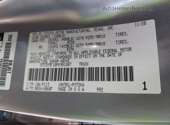 5TFDY5F10MX981807 2021 TOYOTA TUNDRA Серебряный Вид подкапотного пространства