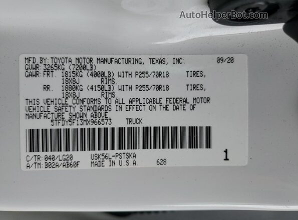 5TFDY5F13MX966573 2021 TOYOTA TUNDRA White VIN կոդի պիտակի տեսք