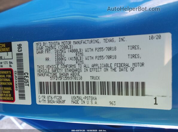 5TFDY5F15MX970110 2021 TOYOTA TUNDRA Blue Вид підкапотного простору
