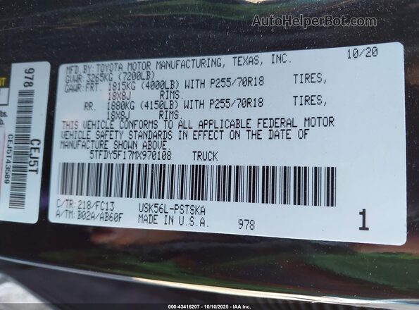 5TFDY5F17MX970108 2021 TOYOTA TUNDRA Black Շարժիչի բաժամունքի տեսք