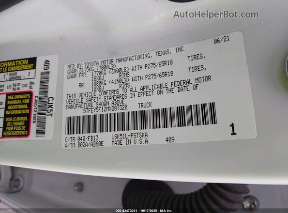 5TFEY5F12MX287320 2021 TOYOTA TUNDRA White Widok komory silnika