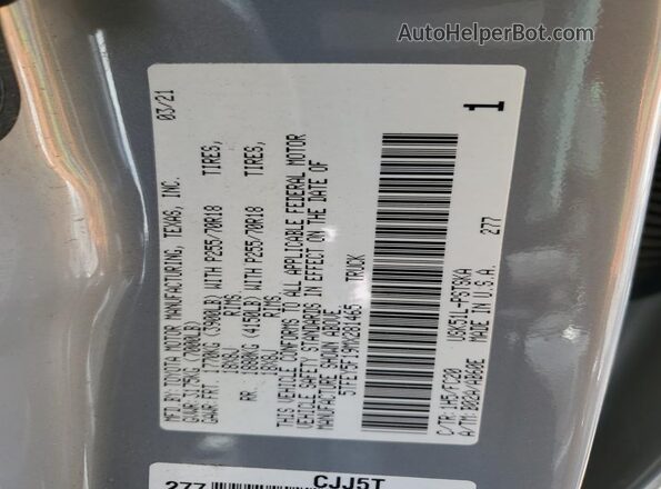 5TFEY5F19MX281465 2021 TOYOTA TUNDRA Gray VIN კოდის სტიკერის ხედი