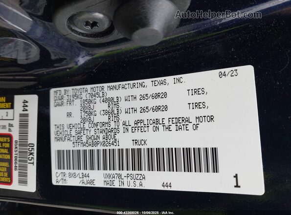 5TFMA5AB0PX026451 2023 TOYOTA TUNDRA Blue Engine compartment view
