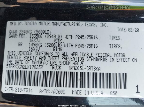 5TFRX5GN2LX178232 2020 TOYOTA TACOMA Black ძრავის განყოფილების ხედი