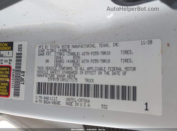 5TFRY5F10MX277175 2021 TOYOTA TUNDRA White Vista del compartimento del motor