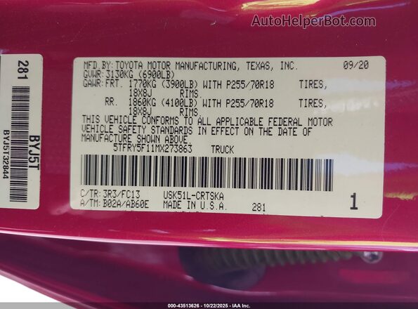 5TFRY5F11MX273863 2021 TOYOTA TUNDRA Red ძრავის განყოფილების ხედი