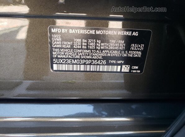 5UX23EM03P9P36426 2023 BMW X7 Green Widok naklejki z numerem VIN