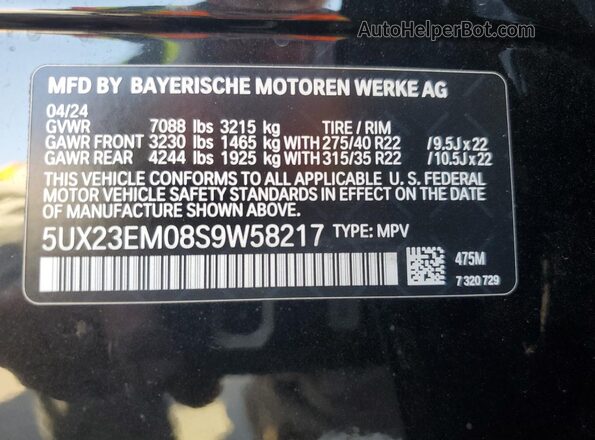 5UX23EM08S9W58217 2025 BMW X7 Черный Вид наклейки с VIN-кодом
