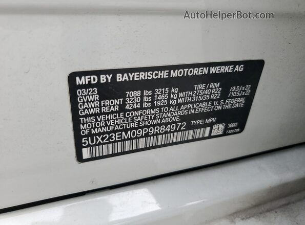 5UX23EM09P9R84972 2023 BMW X7 White Vista de la etiqueta del VIN