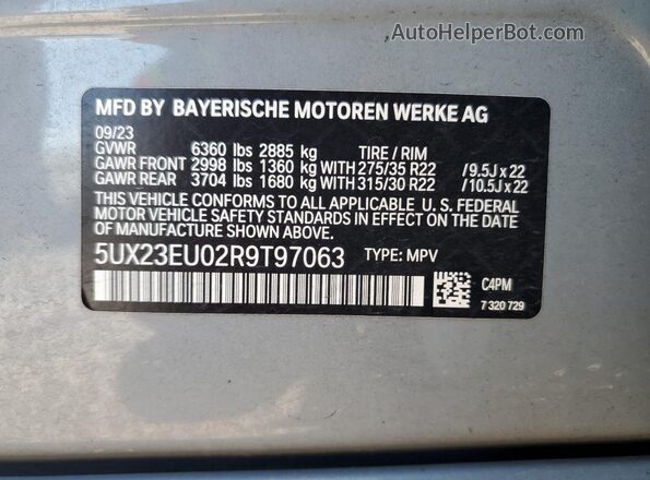 5UX23EU02R9T97063 2024 BMW X5 Gray VIN კოდის სტიკერის ხედი