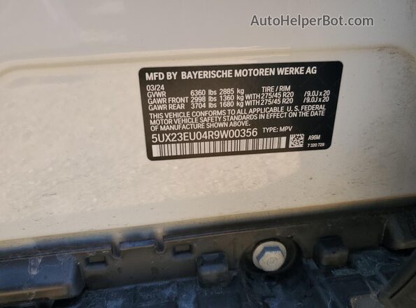 5UX23EU04R9W00356 2024 BMW X5 White Vista de la etiqueta del VIN
