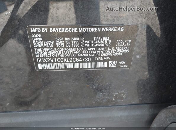 5UX2V1C0XL9C64730 2020 BMW X4 Gray Widok komory silnika