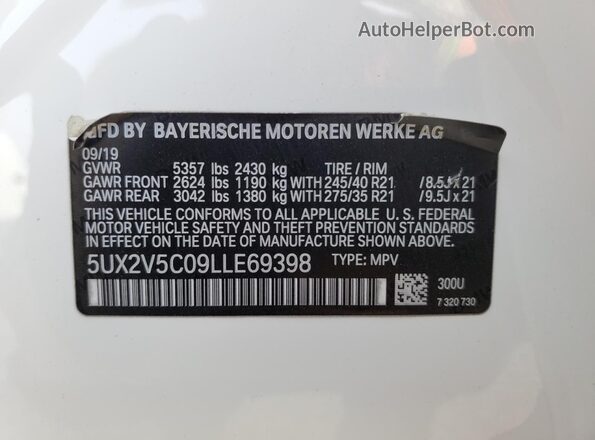 5UX2V5C09LLE69398 2020 BMW X4 White VIN sticker view