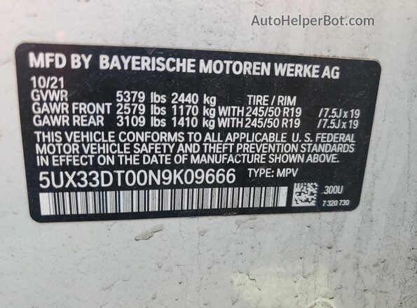 5UX33DT00N9K09666 2022 BMW X4 White 