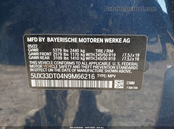 5UX33DT04N9M66216 2022 BMW X4 Dark Blue Widok komory silnika