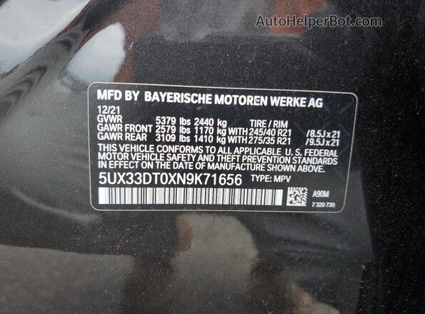 5UX33DT0XN9K71656 2022 BMW X4 Black Widok naklejki z numerem VIN