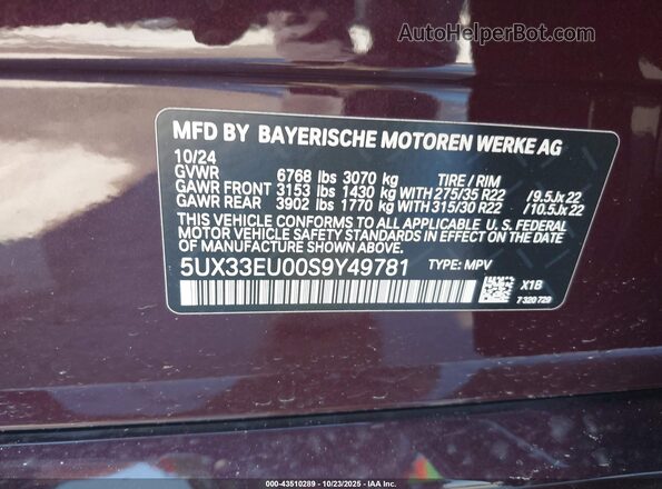 5UX33EU00S9Y49781 2025 BMW X5 Maroon 