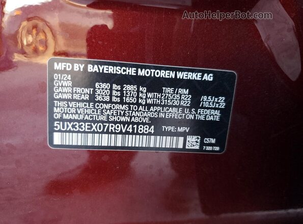 5UX33EX07R9V41884 2024 BMW X6 Maroon Widok naklejki z numerem VIN