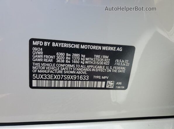 5UX33EX07S9X91633 2025 BMW X6 White VIN კოდის სტიკერის ხედი