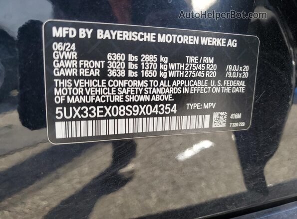 5UX33EX08S9X04354 2025 BMW X6 Black VIN sticker view
