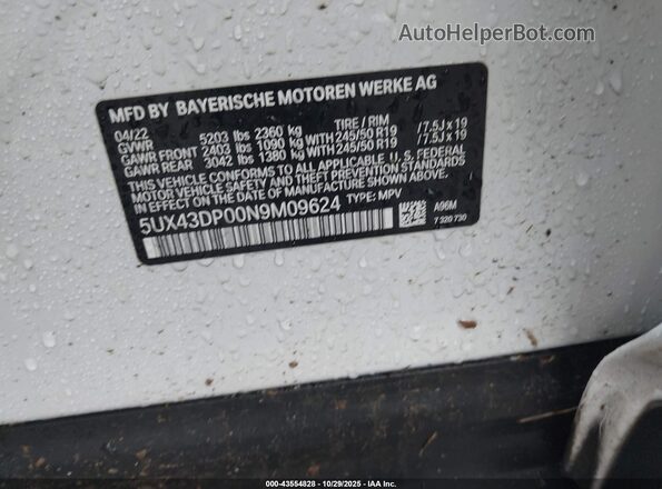 5UX43DP00N9M09624 2022 BMW X3 White Widok komory silnika