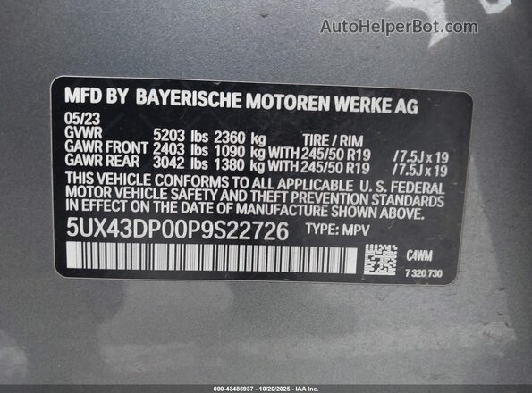 5UX43DP00P9S22726 2023 BMW X3 Gray Вид підкапотного простору