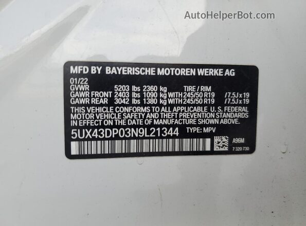 5UX43DP03N9L21344 2022 BMW X3 White Սալոնի 360 աստիճան տեսք