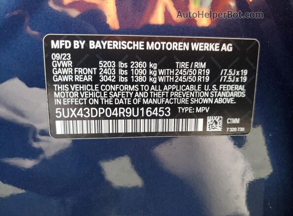 5UX43DP04R9U16453 2024 BMW X3 Blue 