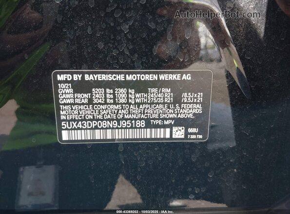 5UX43DP08N9J95188 2022 BMW X3 Black Vista del compartimento del motor