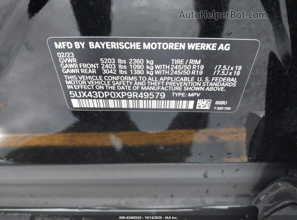 5UX43DP0XP9R49579 2023 BMW X3 Black Engine compartment view