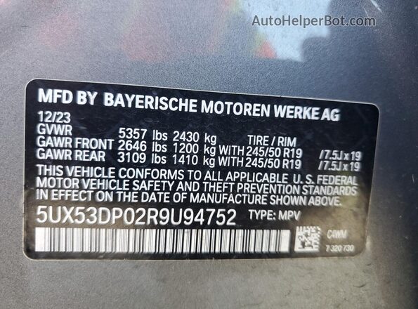 5UX53DP02R9U94752 2024 BMW X3 Gray 