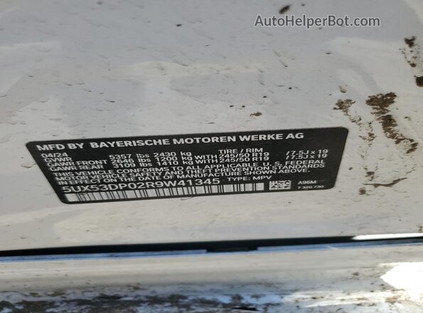 5UX53DP02R9W41345 2024 BMW X3 White VIN sticker view