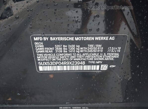 5UX53DP04R9X23948 2024 BMW X3 Black Engine compartment view