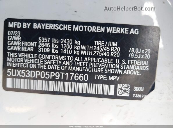 5UX53DP05P9T17660 2023 BMW X3 White Widok komory silnika