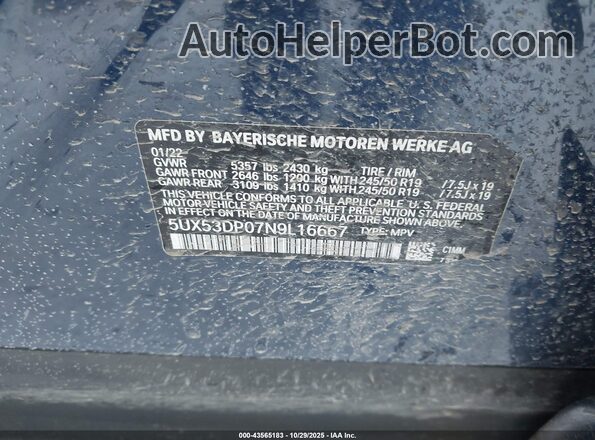 5UX53DP07N9L16667 2022 BMW X3 Blue Vista del compartimento del motor