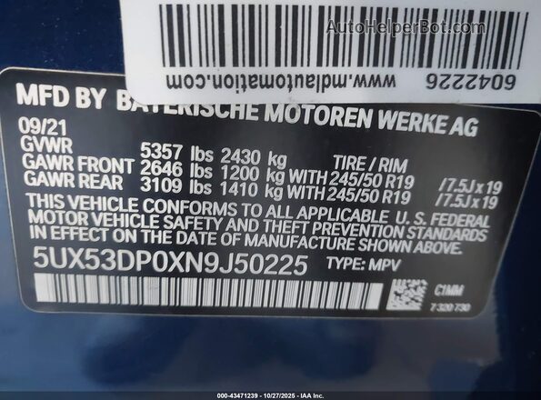 5UX53DP0XN9J50225 2022 BMW X3 Синий Вид подкапотного пространства
