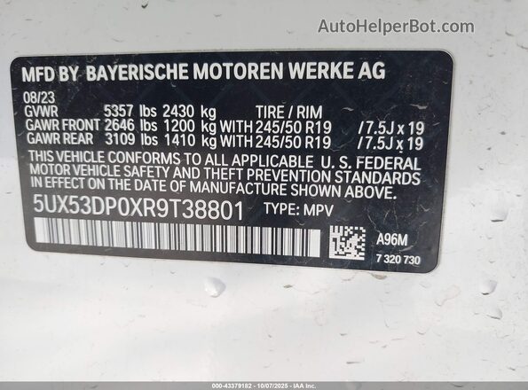 5UX53DP0XR9T38801 2024 BMW X3 White 