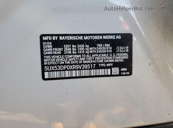 5UX53DP0XR9V39517 2024 BMW X3 White VIN կոդի պիտակի տեսք