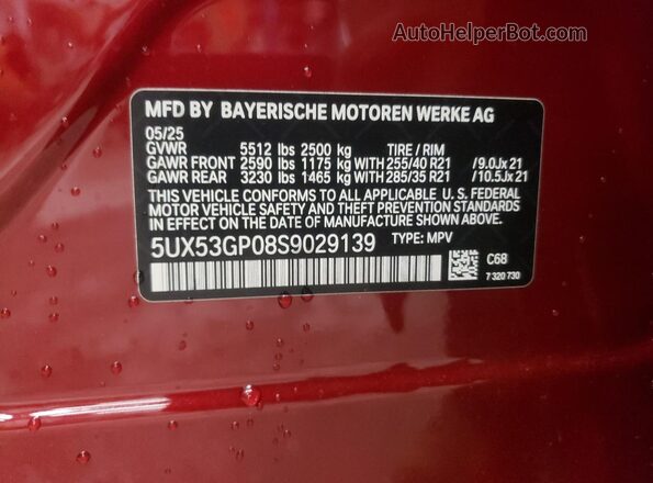 5UX53GP08S9029139 2025 BMW X3 Красный Вид наклейки с VIN-кодом