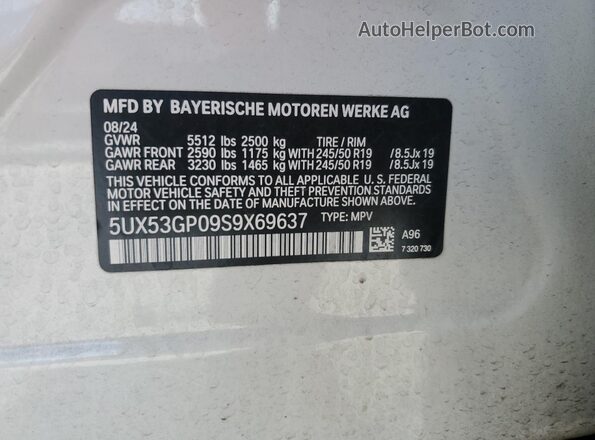 5UX53GP09S9X69637 2025 BMW X3 White 