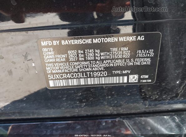 5UXCR4C03LLT19920 2020 BMW X5 Black Вид підкапотного простору