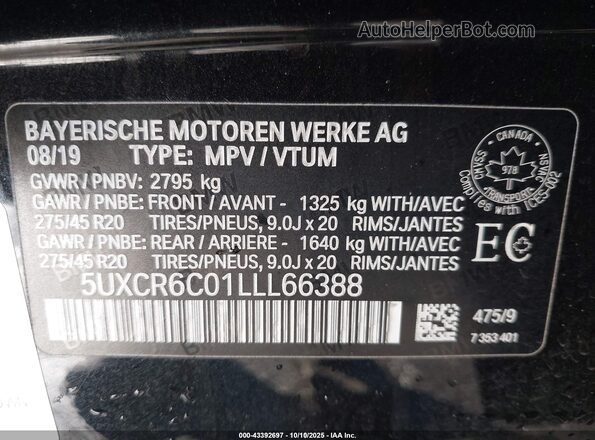 5UXCR6C01LLL66388 2020 BMW X5 Black Engine compartment view