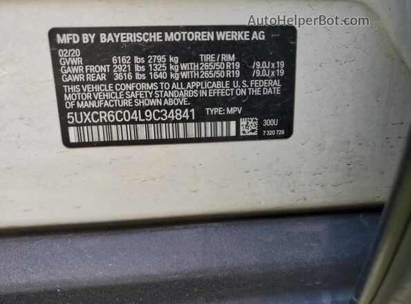 5UXCR6C04L9C34841 2020 BMW X5 White Widok naklejki z numerem VIN